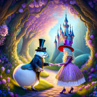 Anthropomorphic cats in fancy attire holding hands in magical forest with castle.