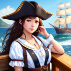 Female pirate portrait with tricorn hat on ship deck, nautical theme.