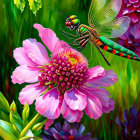 Detailed Dragonfly Perched on Pink Flower with Lush Green Background