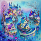 Vibrant fairy-tale village illustration with castles and boat