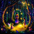 Whimsical forest scene with children, fairies, lanterns, flora, and butterflies