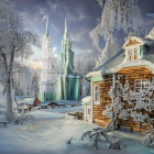 Frost-covered wooden house in snowy winter scene