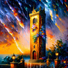 Colorful expressionistic painting of a clock tower at night with wet pavement and abandoned umbrella