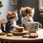 Two cute kittens with big eyes at a table with cookies and cat cup