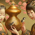 Traditional Asian Artwork: Two Women in Ornate Garments with Cherry Blossoms