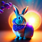 Galaxy-patterned mystical rabbit with orbs and flowers on dark background