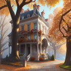 Victorian house surrounded by autumn trees in warm golden light