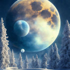 Snowy night landscape with two wolves, towering pines, oversized moon, and stars