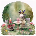 Child and donkey tea party with cakes and bird in outdoor scene