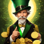 Elderly man in green top hat with coins and magical glow