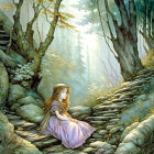 Girl in Purple Dress Sitting on Stone Steps in Ethereal Forest