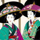 Traditional Japanese Geishas in Colorful Kimonos and Hair Accessories