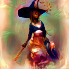 Witch doll in blue and purple outfit with broom on colorful background