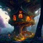 Magical treehouse with glowing lanterns in misty forest at twilight