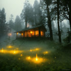 Ethereal forest scene: cozy cabin in misty glow