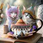 Whimsical anthropomorphic cat creatures in fantasy teacup illustration