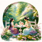 Traditional Attire Figures Enjoy Tea in Serene Garden