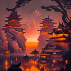 Tranquil Asian pagodas in fantasy landscape at sunset