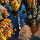 Tranquil autumn scene with narrow boat on calm water