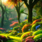 Enchanting forest with moss-covered trees and vibrant pink flora