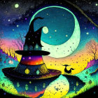 Whimsical witches under starry sky in magical landscape