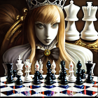 Digital artwork of woman with piercing eyes as queen chess piece among black and white figures