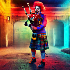 Colorful wig clown plays bagpipes in neon-lit alley in Scottish attire