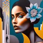 Urban mural blending cityscape with stylized portrait of woman and floral hairpiece.