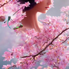 Person's Side Profile Among Pink Flowers with Dragonflies