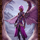 Fantasy illustration of character with purple hair, wings, and dragons