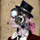 Person in Top Hat with Golden Steampunk Mask and Pink Roses on Beige Background