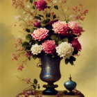 Pink and White Rose Bouquet in Ornate Vase on Wooden Surface