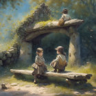 Tranquil forest scene with stone bridge and children