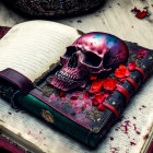 Crimson Painted Skull on Open Book with Red Roses and Petals