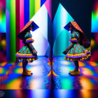 Colorful Costumed Individuals Face Mirror in Striped Room