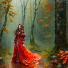 Woman in autumn-themed dress surrounded by falling leaves in forest