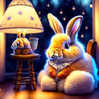 Illustration of a bunny in cozy room with shirt, glass, teddy bear, and lamp