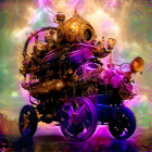 Intricate steampunk-style vehicle with glowing purple lights in front of a dusk-lit city