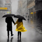 Couple with umbrellas strolling on vibrant city street in rain