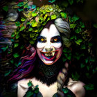 Colorful portrait of smiling female with green hair and mystical aura