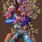 Futuristic female robot with mechanical parts and vibrant flowers