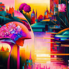 Colorful digital artwork: flowers, sunset, futuristic cityscape