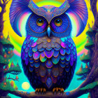 Colorful Stylized Owl Artwork in Mystical Forest