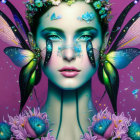 Vibrant digital portrait of a woman with dragonfly wings and flowers