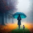 Person with blue umbrella walks cat in misty forest with autumn leaves and flying bird