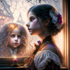 Young girl with blue flower gazes at frosty window reflection in warm lantern glow