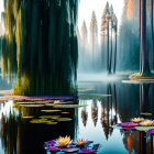 Serene lake scene with water lilies, mist, and morning light