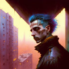 Portrait of person with blue spiky hair and studded collar in dystopian cityscape