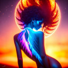 Colorful digital artwork of a woman with neon wings in sunset scenery