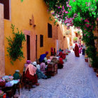 Vibrant alley scene with cobbled path, blooming trees, and people in traditional attire.